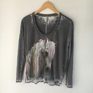 Chaser Horse Print Gray Burnout Long Sleeve Tee